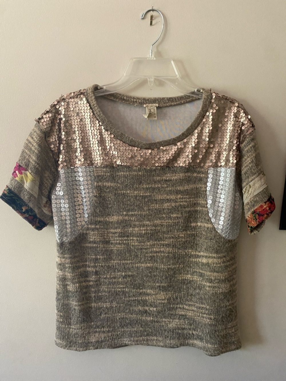 BKE Taupe Knit Short Sleeve Top with Rose-Gold Sequin Yoke